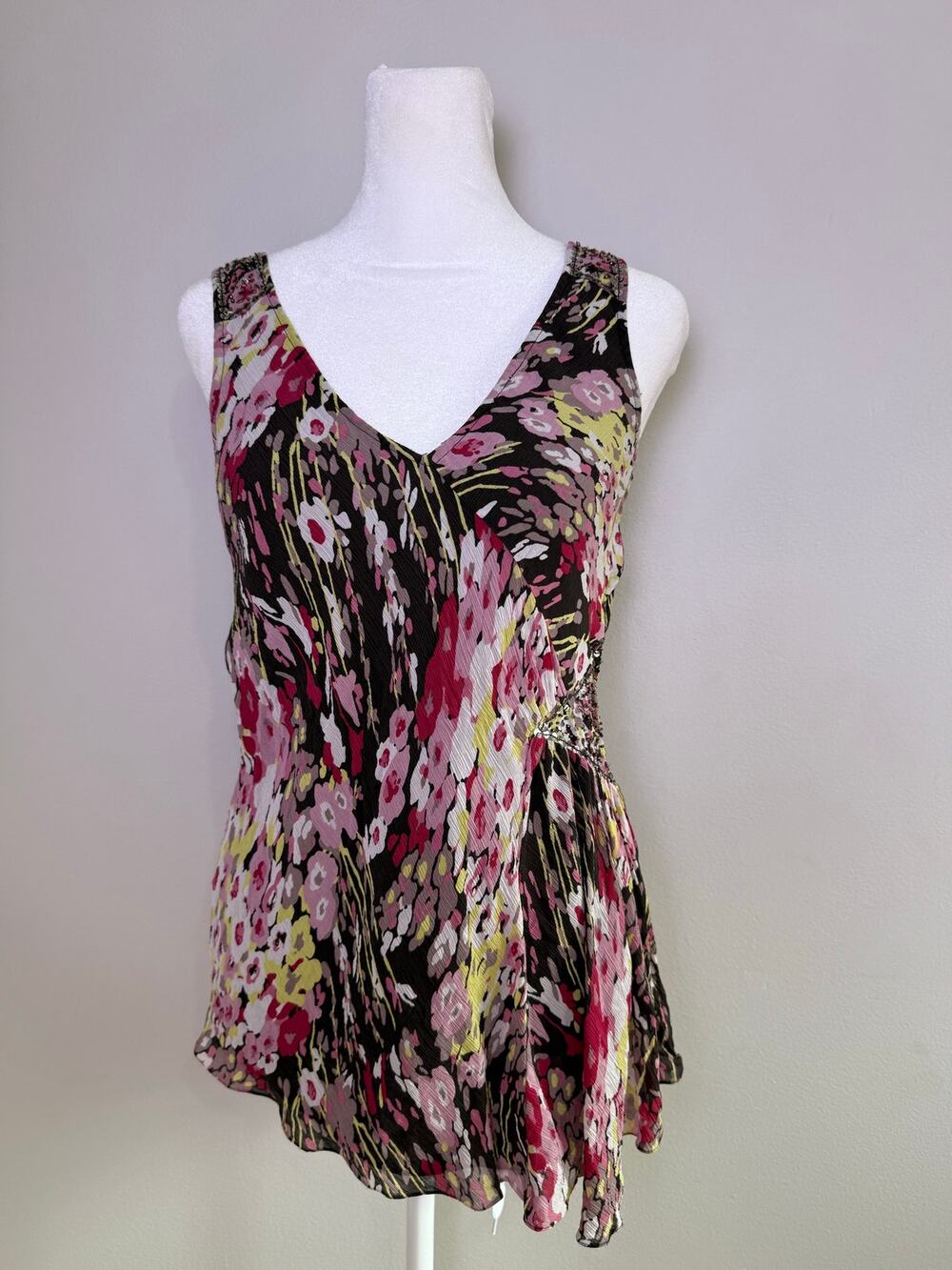 Ideology 100% Silk Floral Beaded Sleeveless Top Blouse Boho Y2K Size Small